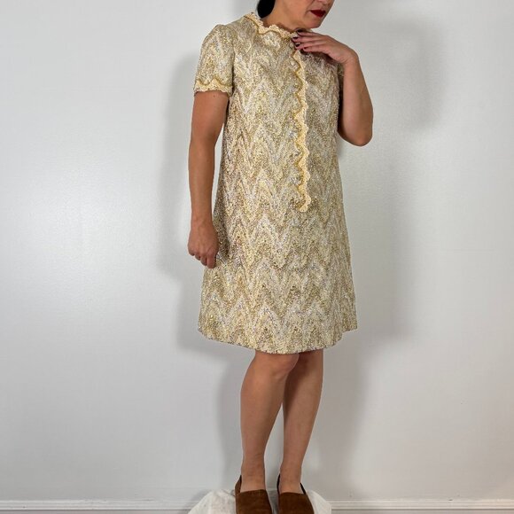 Vintage 60's Gold & Silver Mod Dress - Size M - Picture 11 of 12